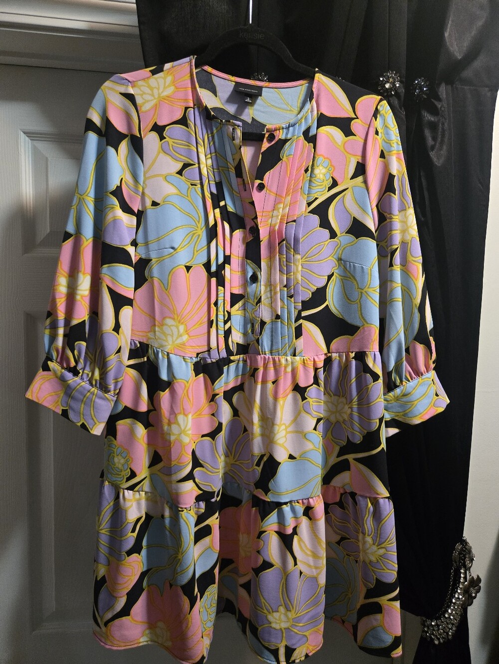 Who What Wear Floral Tiered Dress - Pink, Blue, Lavender, Yellow & Black Sz S